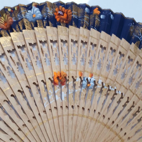 Blue Spanish Fan with Wooden Base and Handpainted Floral Design - Picture 2 of 5